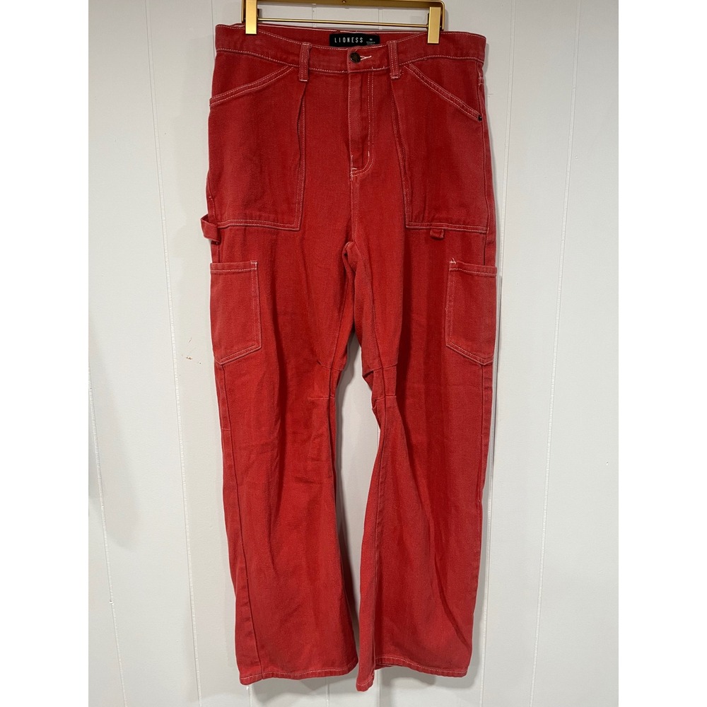 Lioness Red Carpenter Pants Wide Leg Utility Denim Contrast Stitch Womens Size M - Picture 7 of 9